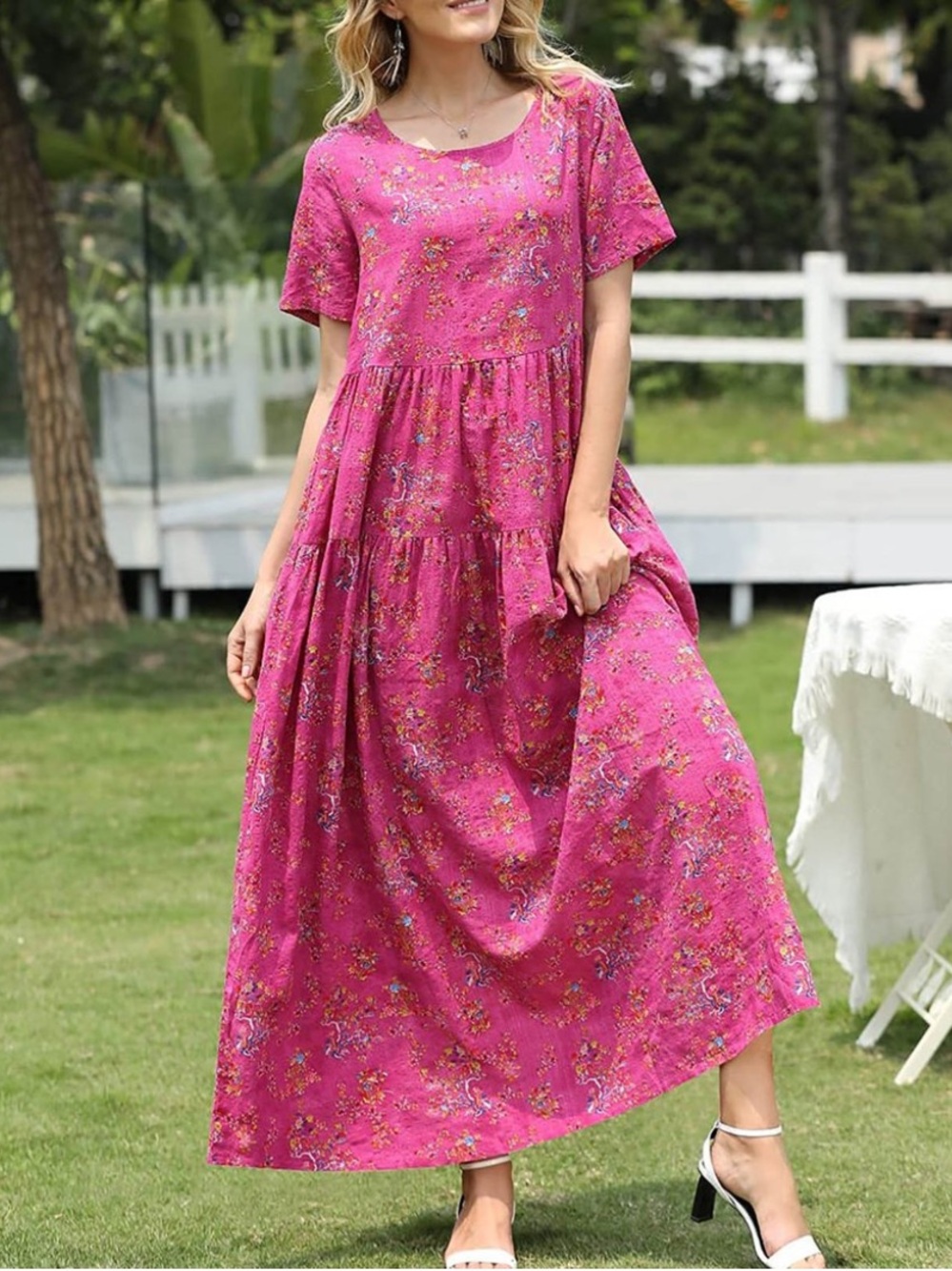 Yesno Bright Pink Floral Short-Sleeve Long Maxi Tiered Dress